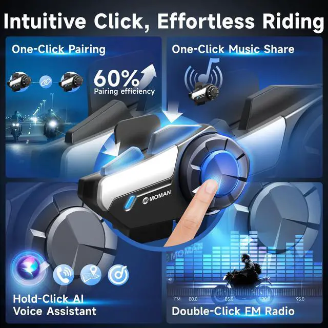 Alt view image 6 of 7 - Moman Motorcycle Intercom, H2SH2PRO Upgrade Motorbike Helmet Speaker 2-Way 1000M Communication Headset with Triple Noise Cancellation/Audio Multitasking/Hi-Fi/Music Sharing/FM/AI Voice, 1 Pack