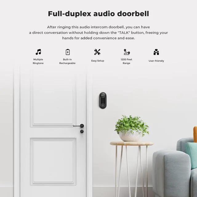 Alt view image 2 of 7 - Wireless Doorbell, Hosmart UltraBell Wireless Intercom Doorbell System, Battery Operated DoorBell, Full Duplex Audio Doorbell Waterproof with 8 Doorbell Chime 1200Ft Range for Home Business Elderly