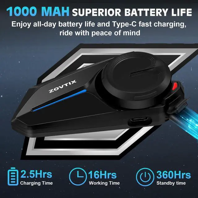 Alt view image 3 of 6 - ZOVTIX Motorcycle Helmet Headset 2 Riders 500M Helmet Communication System S2 Intercom Headset with DSP&CVC Noise Cancellation/HiFi Sound/IP67/Wake up Siri-S2-Black-1 PC