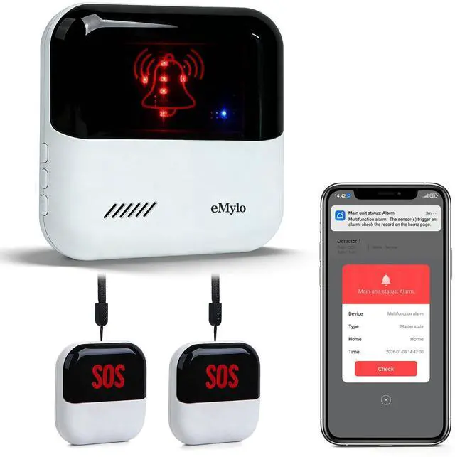 Main image of eMylo WiFi Caregiver Pager Call Buttons with Medical Emergency Life Alarm System for Elderly at Home, App Alerts, No Monthly Fee, 2 SOS Panic Buttons + 1 Receiver for Patient Seniors Disabled 426Ft