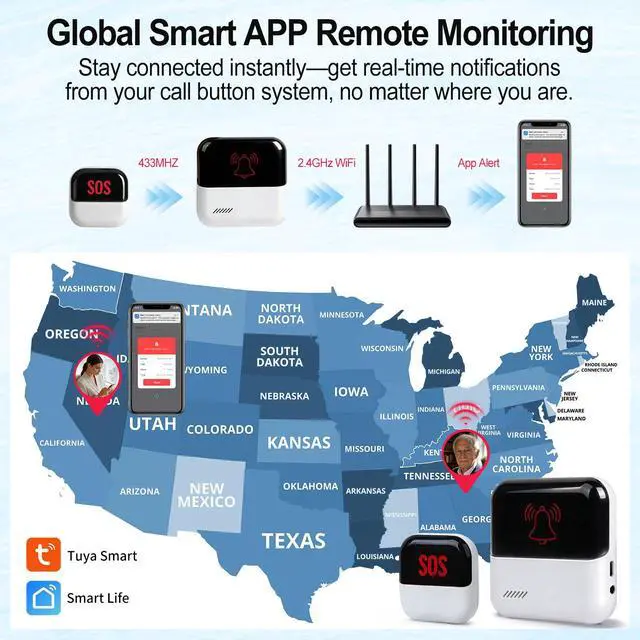 Alt view image 4 of 7 - eMylo WiFi Caregiver Pager Call Buttons with Medical Emergency Life Alarm System for Elderly at Home, App Alerts, No Monthly Fee, 2 SOS Panic Buttons + 1 Receiver for Patient Seniors Disabled 426Ft