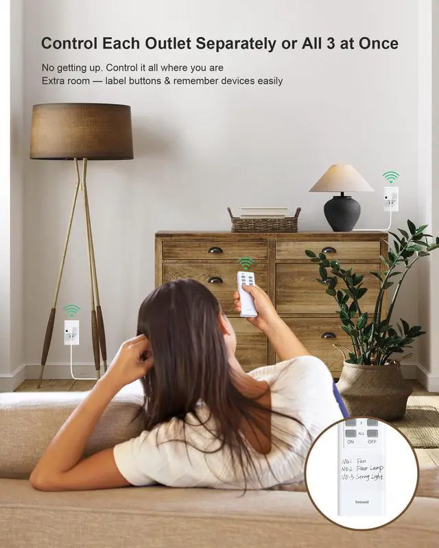 Alt view image 3 of 7 - Remote Control Outlet, 200FT Long Range Wireless Light Switch, Mini Electrical Outlet Plug, 15A/1875W High-Power Switch for Lights, Fans, Household Appliances, FCC & ETL Listed (3 Outlets + 1 Remote)