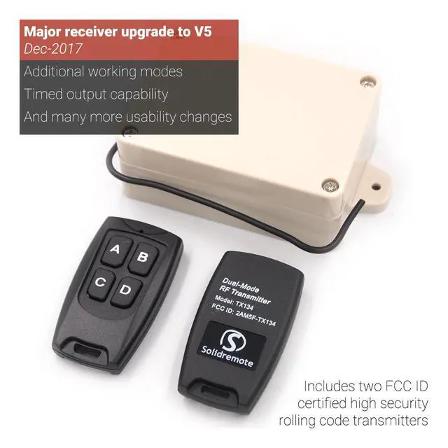 Alt view image 3 of 7 - Solidremote 12V - 24V Secure Wireless RF Remote Control Relay Switch Universal 2-Channel Receiver with 2 Transmitters for Garage Door Openers, LED Lights etc (KIT-1)