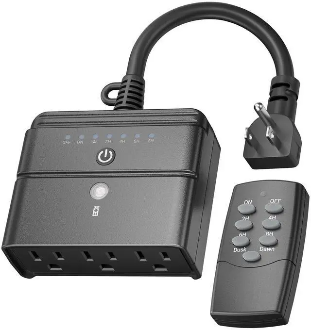 Main image of BN-LINK Outdoor Light Timer, Waterproof Plug-in Dusk-to-Dawn Controller with 3 Grounded Outlets for Christmas & Halloween String Lights, 15A 1/2HP, ETL Listed, 100 ft RF Range, Remote Included