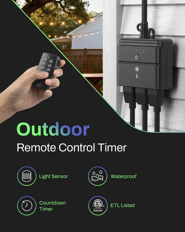 Alt view image 2 of 7 - BN-LINK Outdoor Light Timer, Waterproof Plug-in Dusk-to-Dawn Controller with 3 Grounded Outlets for Christmas & Halloween String Lights, 15A 1/2HP, ETL Listed, 100 ft RF Range, Remote Included