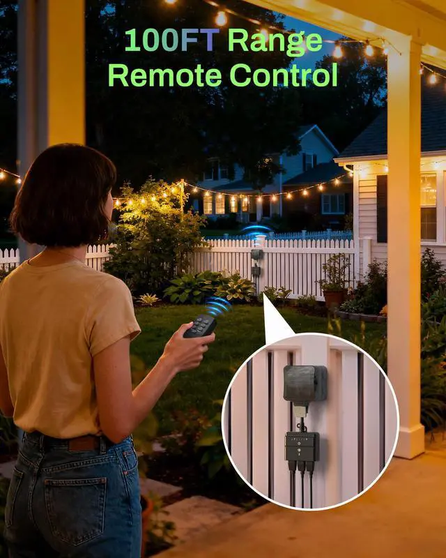 Alt view image 3 of 7 - BN-LINK Outdoor Light Timer, Waterproof Plug-in Dusk-to-Dawn Controller with 3 Grounded Outlets for Christmas & Halloween String Lights, 15A 1/2HP, ETL Listed, 100 ft RF Range, Remote Included