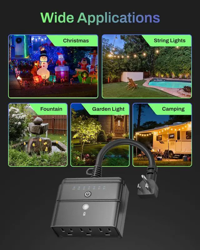 Alt view image 7 of 7 - BN-LINK Outdoor Light Timer, Waterproof Plug-in Dusk-to-Dawn Controller with 3 Grounded Outlets for Christmas & Halloween String Lights, 15A 1/2HP, ETL Listed, 100 ft RF Range, Remote Included