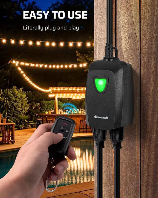 Alt view image 2 of 7 - DEWENWILS Outdoor Remote Control Outlet, Weatherproof Wireless Electrical Plug in Light Switches, 7" Extension Cord,15 AMP, 100 FT Range, ETL Listed, 1 Remote 3 Outlets for Lamp/Lights/Fans