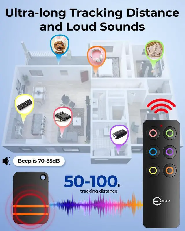 Alt view image 3 of 7 - Esky Key Finder Locator with Sound, Stick-on TV Remote Control Finder, Item Locator Tags with 85dB Noise Sound 6 Receivers, Wallet Tracker Key Finders for Finding Keys, Remote Gift Idea