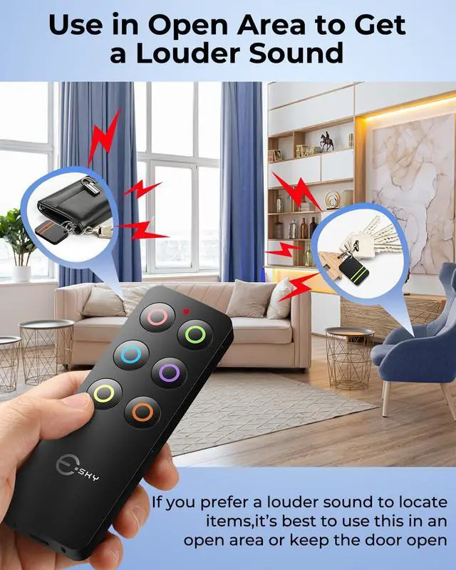 Alt view image 6 of 7 - Esky Key Finder Locator with Sound, Stick-on TV Remote Control Finder, Item Locator Tags with 85dB Noise Sound 6 Receivers, Wallet Tracker Key Finders for Finding Keys, Remote Gift Idea