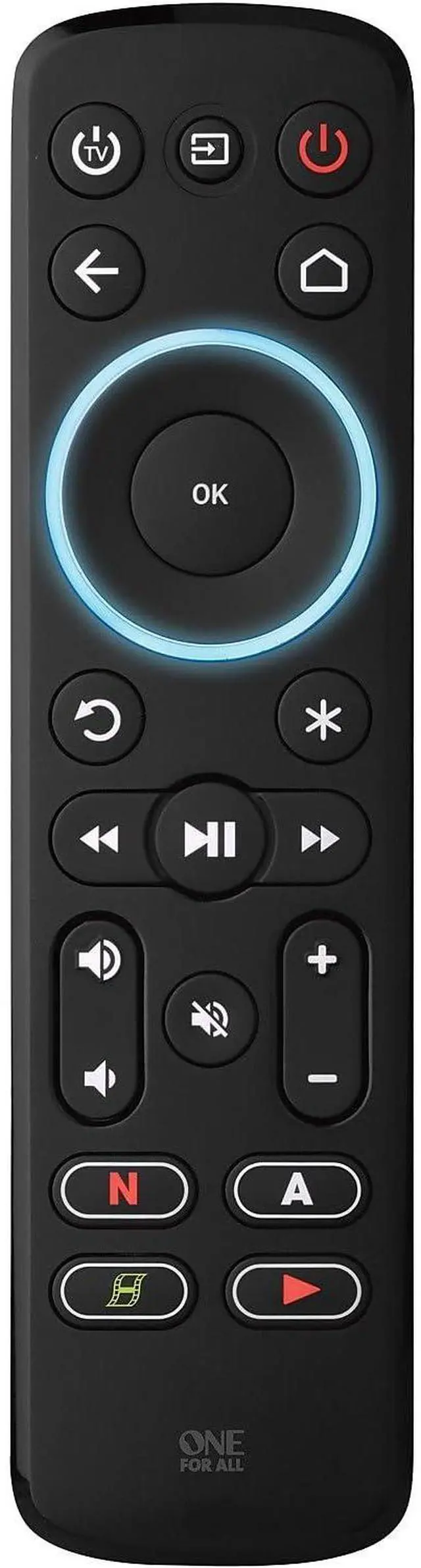 Main image of One For All Streamer Remote (New, in Retail Packaging) Controls up to 3 Devices - (IR) - Control Your Streamer Box, TV and Sound bar Learning Feature - Backlit Keys - Black URC7935