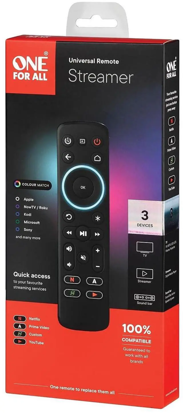 Alt view image 7 of 7 - One For All Streamer Remote (New, in Retail Packaging) Controls up to 3 Devices - (IR) - Control Your Streamer Box, TV and Sound bar Learning Feature - Backlit Keys - Black URC7935