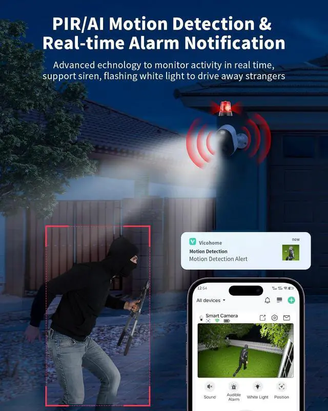 Alt view image 4 of 7 - Security Cameras Wireless Outdoor, Battery Powered 2k Color Night Vision, AI Motion Detection Spotlight Siren, IP66 Weatherproof, 2-Way Talk, SD/Cloud Storage, 2.4Ghz WiFi Cameras for Home Security