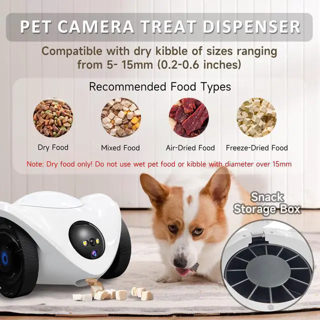Alt view image 3 of 7 - Pet Camera Treat Dispenser, Movable Pet Robot Cam with Phone App, 1080P Indoor Security Camera for Dog/Cat/Home Monitoring+32G SD Card, 2-Way Talk, Night Vision, Motion Detection (2.4GHz WIFI Only)