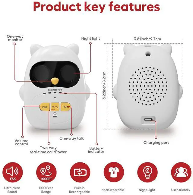 Alt view image 2 of 7 - Audio Baby Monitor with Rechargeable Battery, Full-Duplex Wireless Intercom with 1000Ft Range, Baby Monitor Audio Only with Clear Sound, Two-Way Talk - for Home, Kids, Elderly, Pets, Indoor/Outdoor