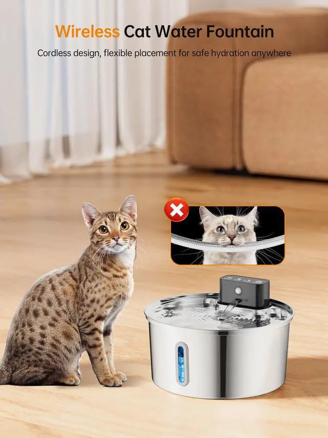 Alt view image 2 of 7 - Wireless Cat Water Fountain, Stainless Steel Cordless Cat Fountain, 108OZ/3.2L Automatic Pet Water Fountain, 4000mAh Battery Operated Water Dispenser with Motion Sensor for Cats, Dogs Indoor Drinking