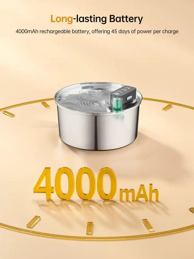 Alt view image 3 of 7 - Wireless Cat Water Fountain, Stainless Steel Cordless Cat Fountain, 108OZ/3.2L Automatic Pet Water Fountain, 4000mAh Battery Operated Water Dispenser with Motion Sensor for Cats, Dogs Indoor Drinking