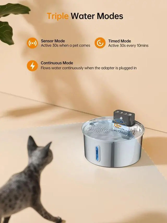 Alt view image 4 of 7 - Wireless Cat Water Fountain, Stainless Steel Cordless Cat Fountain, 108OZ/3.2L Automatic Pet Water Fountain, 4000mAh Battery Operated Water Dispenser with Motion Sensor for Cats, Dogs Indoor Drinking