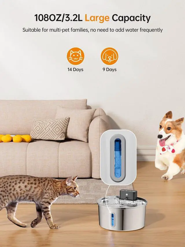 Alt view image 5 of 7 - Wireless Cat Water Fountain, Stainless Steel Cordless Cat Fountain, 108OZ/3.2L Automatic Pet Water Fountain, 4000mAh Battery Operated Water Dispenser with Motion Sensor for Cats, Dogs Indoor Drinking