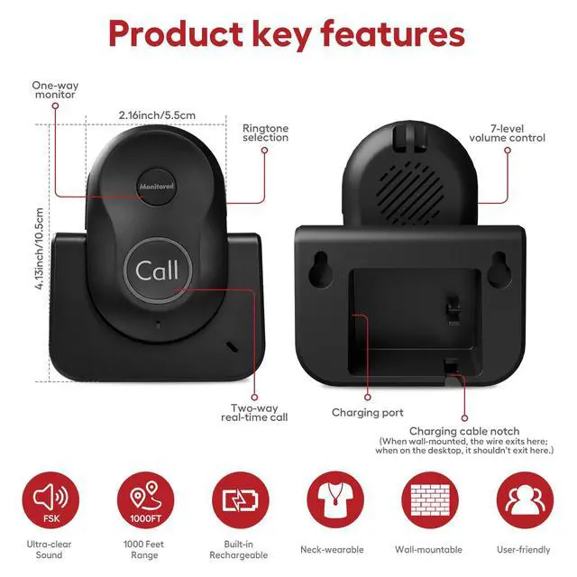 Alt view image 2 of 7 - Hosmart Intercoms Wireless for Home, 2024 New Rechargeable Full Duplex Caregiver Pager for Elderly Senior, Two-Way Real-time Talk, Portable Personal Alert, Call/Monitor Button for Home Safety(Black)