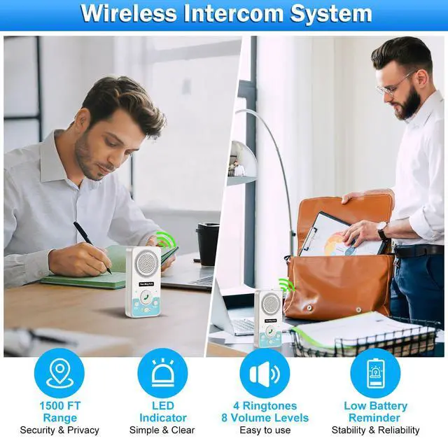 Alt view image 4 of 6 - Intercoms Wireless for Home, 2 Way Audio Hands-Free Long Range Wireless Intercom System, 4 Ringtones 8 Volume Levels, Up to 10 Days Standby Intercom Syetem for House, Office, Classroom, White