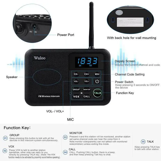 Alt view image 5 of 7 - Wuloo Intercoms Wireless for Home 1 Mile Range 22 Channel 100 Digital Code Display Screen, Wireless Intercom System for Home House Business Office, Room to Room Intercom Communication(2Stations,Black)