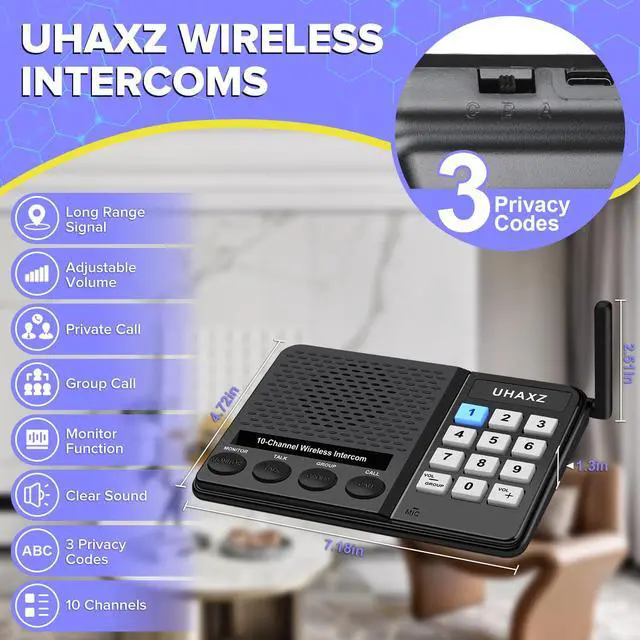 Alt view image 6 of 7 - UHAXZ Intercoms Wireless for Home, Long Range Wireless Intercom 6000ft, Intercoms for Home with Group Call, Monitor Function, 8 Volume Levels Intercom System for House Business Office Elderly(2 Packs)