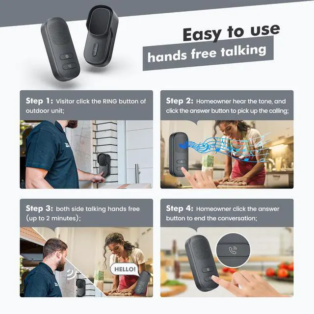 Alt view image 5 of 7 - Wuloo Hands Free Wireless Intercom Doorbell for Home Classroom, Two Way Intercomunicador Door bell Chime with 1/2 Mile Distance 4 Volume Levels 10 Chimes Battery Operated with Mute Mode, 1&2, Gray)