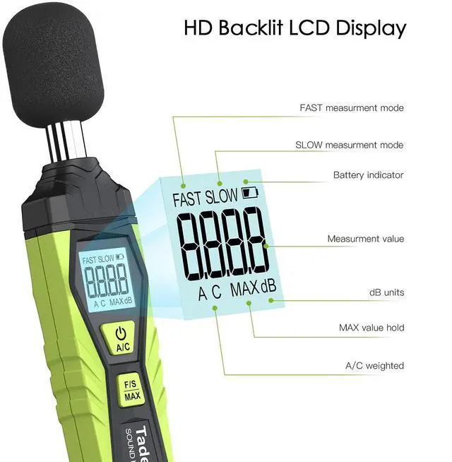 Alt view image 3 of 7 - Decibel Meter, Tadeto Digital Sound Level Meter Portable SPL Meter 30dB to 130dB MAX Data Hold with LCD Display Backlight A/C Weighted for Home Factories