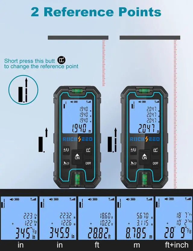 Alt view image 4 of 7 - Laser Measure 165 Feet, RockSeed Portable Laser Distance Meter, Digital Distance Measurement with 2 Bubble Levels, Laser Distance Measure with 5 Units Conversion (Red Laser 165ft)