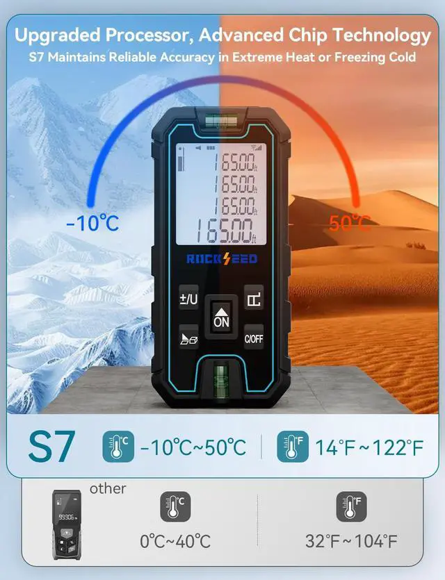 Alt view image 3 of 7 - Laser Measure 165 Feet, RockSeed Portable Laser Distance Meter, Digital Distance Measurement with 2 Bubble Levels, Laser Distance Measure with 5 Units Conversion (Red Laser 165ft)