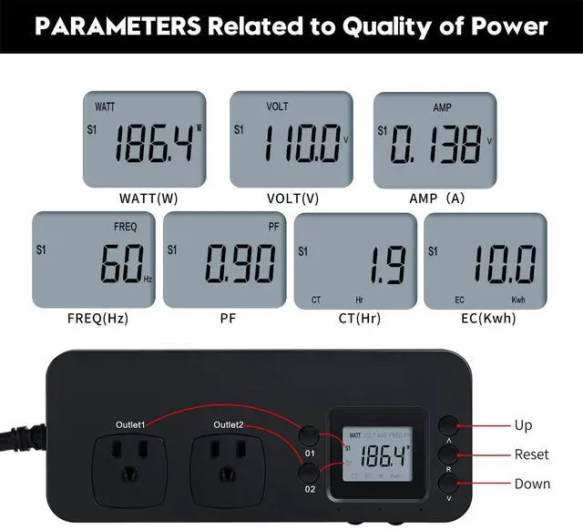 Alt view image 3 of 7 - Electricity Usage Monitor, Briidea Power Consumption Watt Voltage Amp Meter Tester with 2 Outlets Electricity Analyzer Monitoring Device for Energy Saving