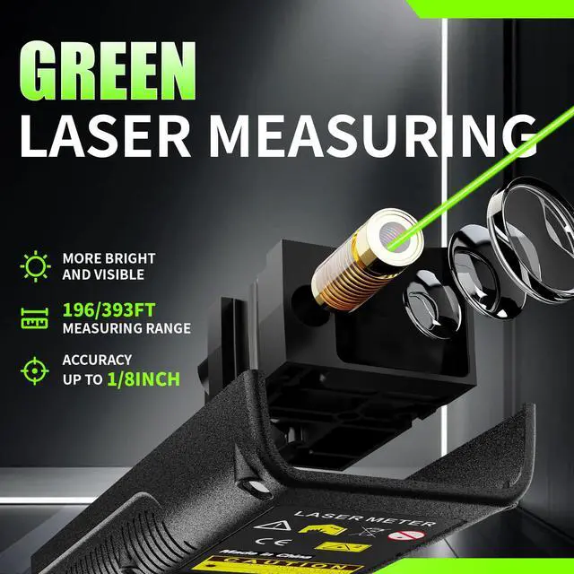 Alt view image 2 of 7 - Green Laser Distance Meter 393.7ft USB Rechargeable Digital Laser Measure with Angle Sensor, Backlit LCD, Area/Volume/Pythagorean, ±3mm Accuracy, Electronic Measuring Tool for Construction & DIY