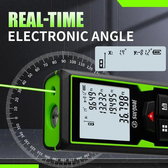 Alt view image 3 of 7 - Green Laser Distance Meter 393.7ft USB Rechargeable Digital Laser Measure with Angle Sensor, Backlit LCD, Area/Volume/Pythagorean, ±3mm Accuracy, Electronic Measuring Tool for Construction & DIY