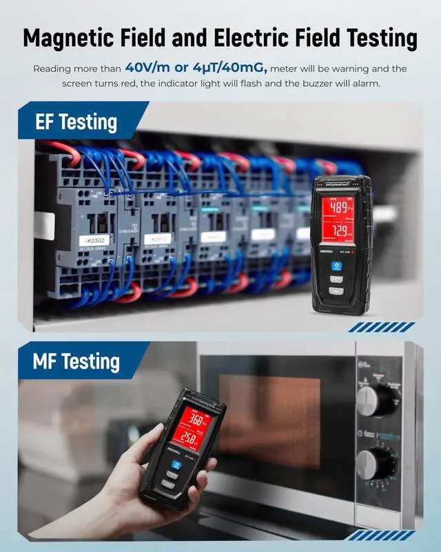 Alt view image 3 of 7 - ERICKHILL EMF Meter, Detects Electric and Magnetic Fields, Handheld Digital EMF Detector with LCD Display, Sound-Light Alarm, Rechargeable Battery for Home, Office, and Appliances (Blue)