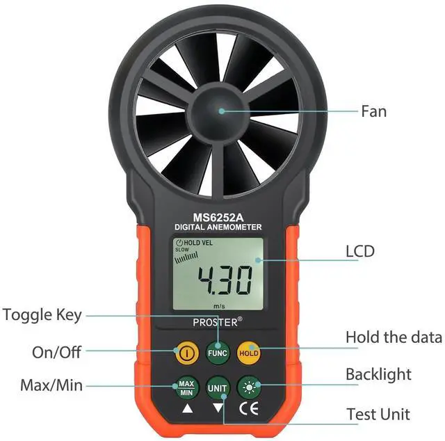 Alt view image 2 of 6 - Proster Handheld Digital Anemometer - Portable Wind Speed Meter CFM Meter Wind Gauge Air Volume Measure with LCD Backlight for Outdoors Sailing Surfing Fishing