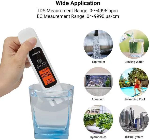 Alt view image 7 of 7 - TDS Meter Digital Water Tester, INKBIRD Professional Electronic 3-in-1 TDS, Temperature and EC Meter, 0-4995ppm, Ideal ppm Meter for Drinking Water, Aquariums, and More Lab Viscometers(White)