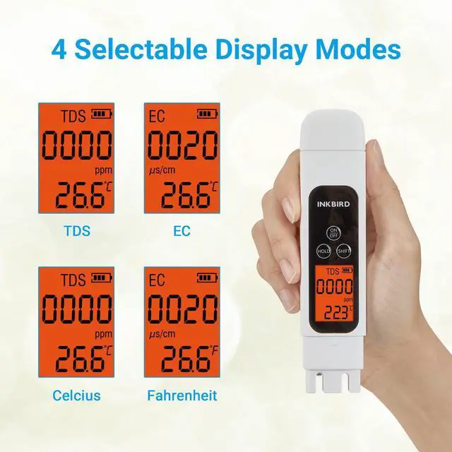 Alt view image 6 of 7 - TDS Meter Digital Water Tester, INKBIRD Professional Electronic 3-in-1 TDS, Temperature and EC Meter, 0-4995ppm, Ideal ppm Meter for Drinking Water, Aquariums, and More Lab Viscometers(White)