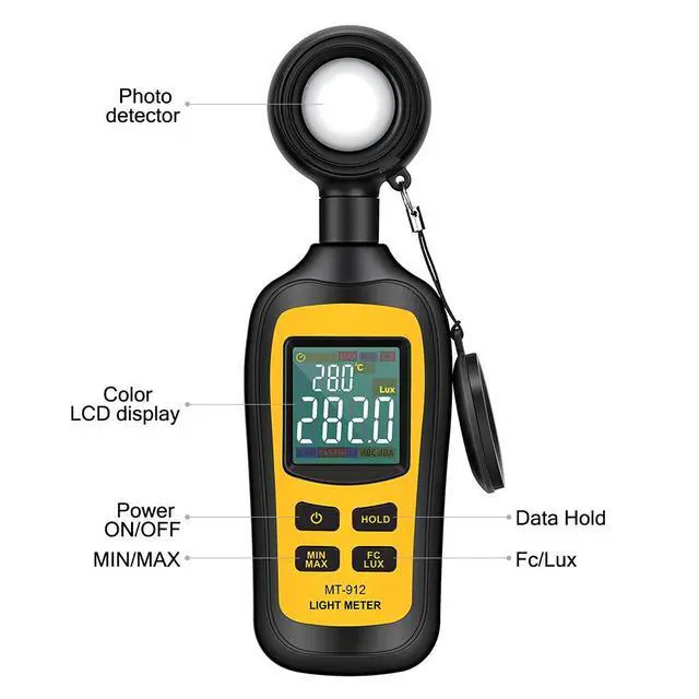 Alt view image 5 of 7 - Light Meter Digital Illuminance Meter Handheld Ambient Temperature Measurer, Range up to 200,000 Lux, Luxmeter with 4 Digit Color LCD Screen