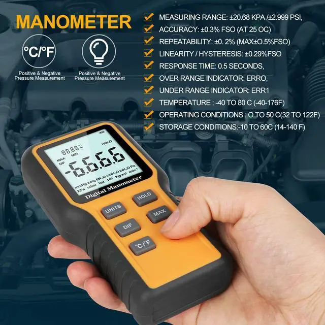 Alt view image 2 of 7 - Manometer, Professional Air Pressure Meter, Dual-Port HVAC Digital Manometer Gas Pressure Tester,12 Selectable Units Differential Pressure Gauge, (Included Battery)