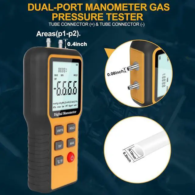 Alt view image 3 of 7 - Manometer, Professional Air Pressure Meter, Dual-Port HVAC Digital Manometer Gas Pressure Tester,12 Selectable Units Differential Pressure Gauge, (Included Battery)
