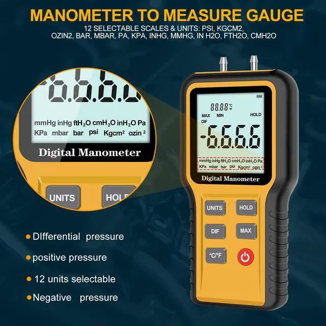 Alt view image 5 of 7 - Manometer, Professional Air Pressure Meter, Dual-Port HVAC Digital Manometer Gas Pressure Tester,12 Selectable Units Differential Pressure Gauge, (Included Battery)
