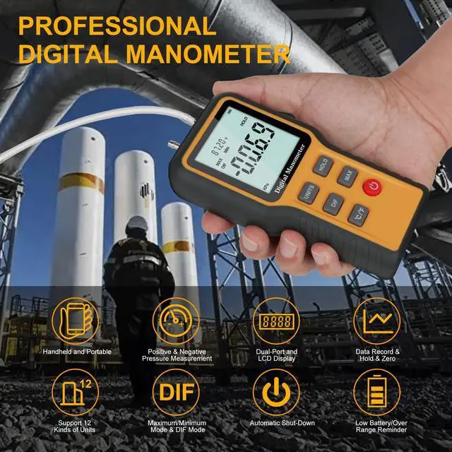 Alt view image 4 of 7 - Manometer, Professional Air Pressure Meter, Dual-Port HVAC Digital Manometer Gas Pressure Tester,12 Selectable Units Differential Pressure Gauge, (Included Battery)