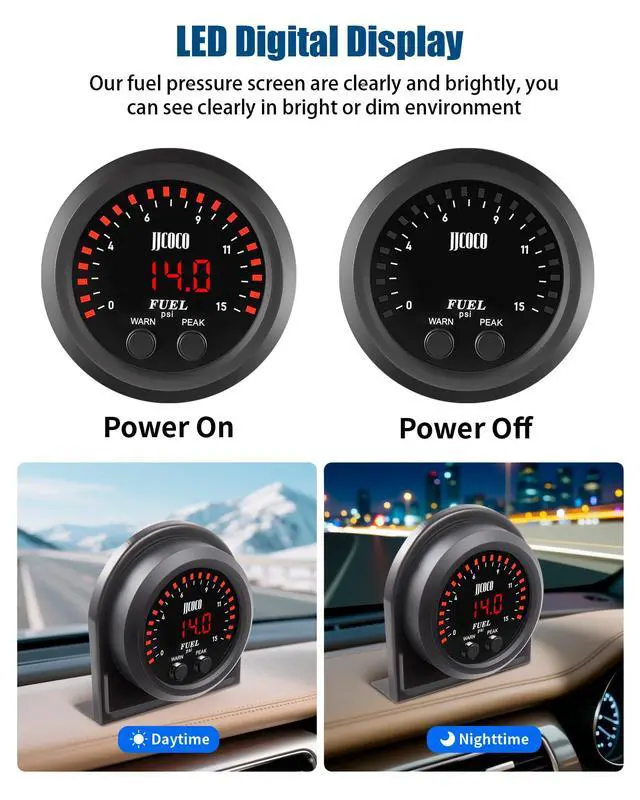 Alt view image 2 of 7 - JJCOCO 15PSI Fuel Pressure Gauge Kit with 1/8NPT Electronic Sensor and LED Digital Display Low Pressure Meter Mounting Bracket Ultra Thin for Car & Truck - 2-1/16" (52mm)