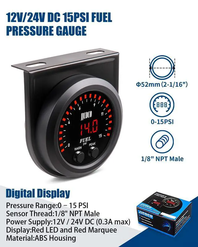 Alt view image 3 of 7 - JJCOCO 15PSI Fuel Pressure Gauge Kit with 1/8NPT Electronic Sensor and LED Digital Display Low Pressure Meter Mounting Bracket Ultra Thin for Car & Truck - 2-1/16" (52mm)