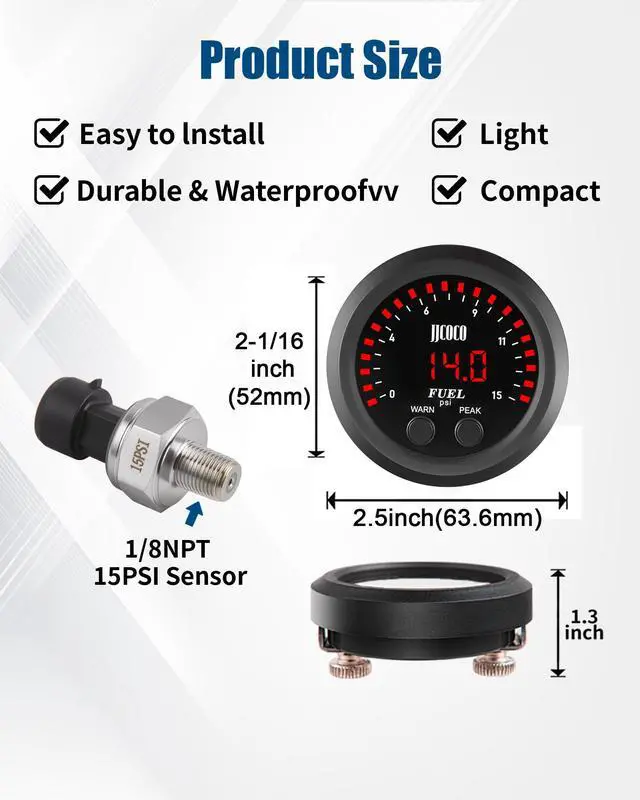 Alt view image 4 of 7 - JJCOCO 15PSI Fuel Pressure Gauge Kit with 1/8NPT Electronic Sensor and LED Digital Display Low Pressure Meter Mounting Bracket Ultra Thin for Car & Truck - 2-1/16" (52mm)