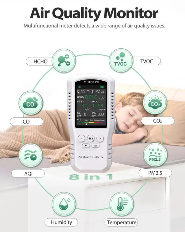 Alt view image 2 of 7 - 8-in-1 Air Quality Monitor, HCHO TVOC PM2.5 CO CO2 Detector, Formaldehyde Alarm, Particulate Matter Tester, Carbon Monoxide and Dioxide Meter, AQI with Temperature Humidity Reader in Home