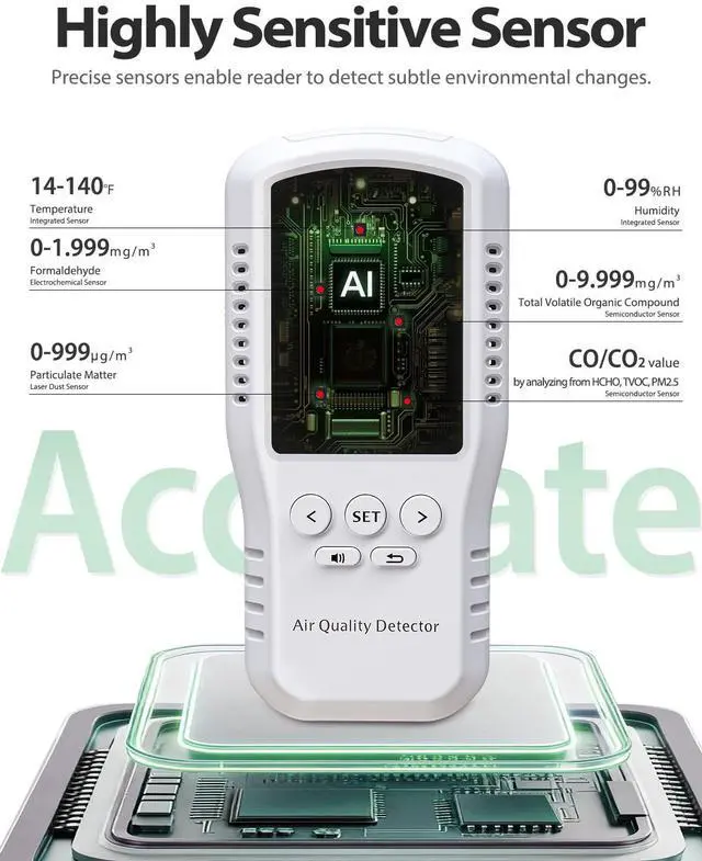 Alt view image 4 of 7 - 8-in-1 Air Quality Monitor, HCHO TVOC PM2.5 CO CO2 Detector, Formaldehyde Alarm, Particulate Matter Tester, Carbon Monoxide and Dioxide Meter, AQI with Temperature Humidity Reader in Home
