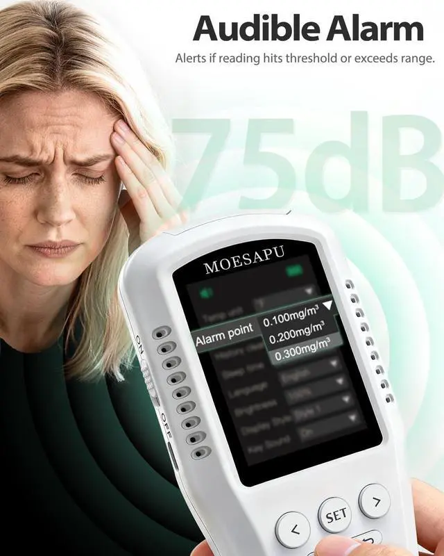 Alt view image 5 of 7 - 8-in-1 Air Quality Monitor, HCHO TVOC PM2.5 CO CO2 Detector, Formaldehyde Alarm, Particulate Matter Tester, Carbon Monoxide and Dioxide Meter, AQI with Temperature Humidity Reader in Home