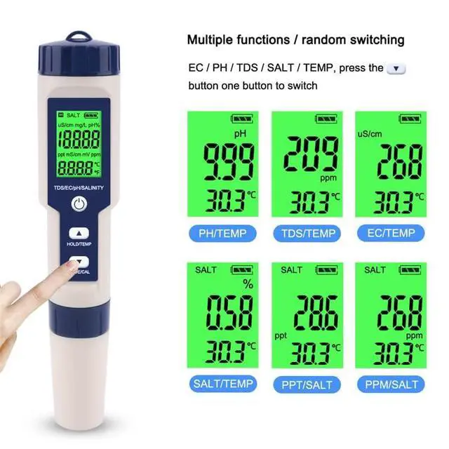 Alt view image 4 of 7 - Pool Salt Tester & PH Meter, Hofun Digital Salinity Meter and PH Tester for Aquarium and Pool Saltwater Water, 5 in 1 Salinity PH Temp EC and TDS Meter, Aquarium Swimming Pool Hot Tub, High Accuracy